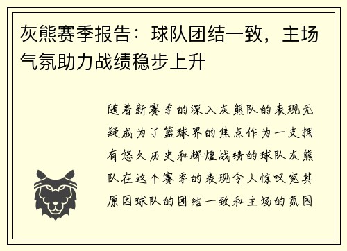 灰熊赛季报告：球队团结一致，主场气氛助力战绩稳步上升